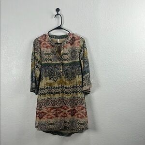 My Beloved Brown Dress with Flutter Sleeves Graphic Design Sz S Bohemian Boho
